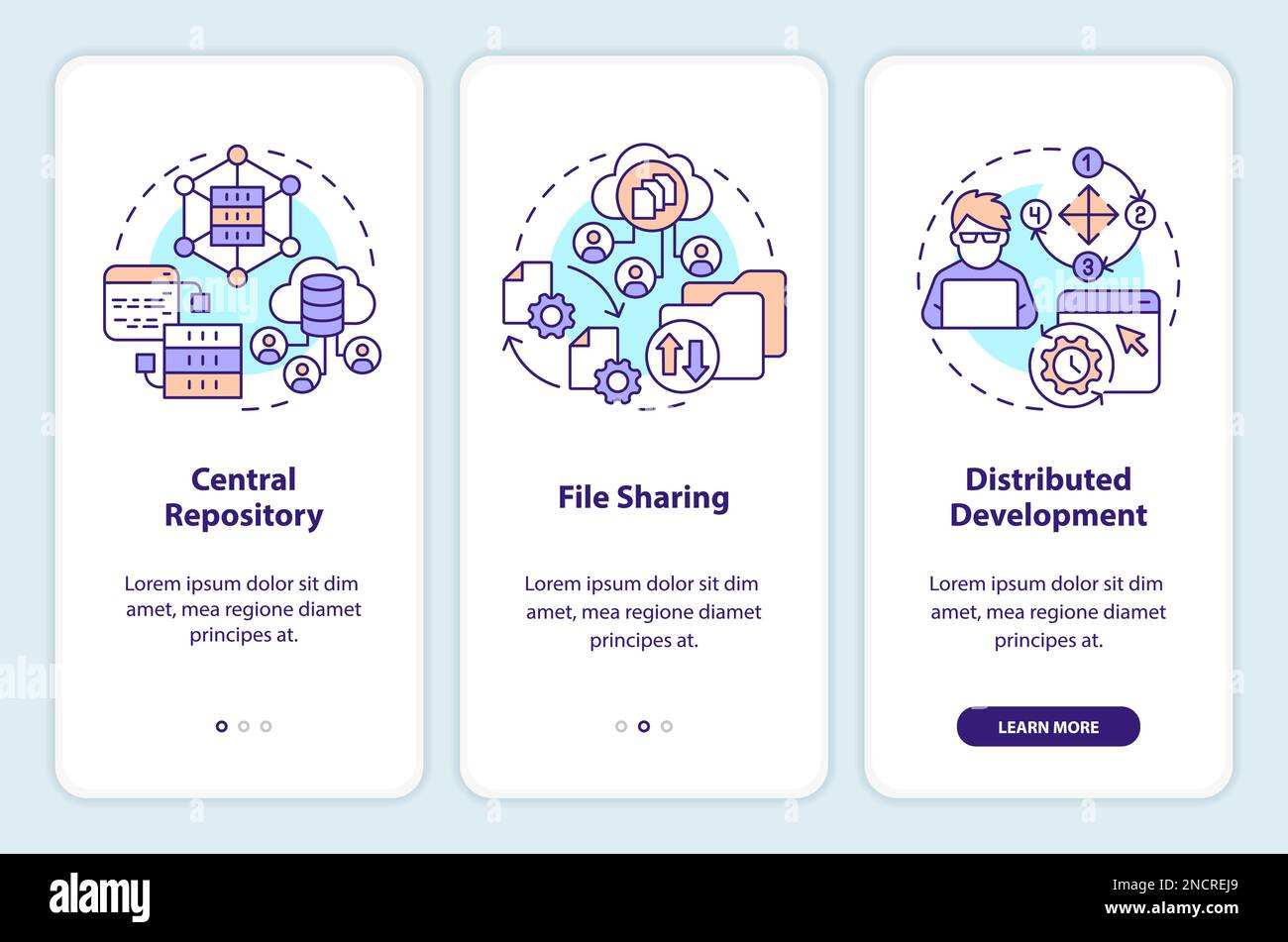 Vorteile der Versionskontrolle Onboarding der mobilen App Bildschirm Stock Vektor