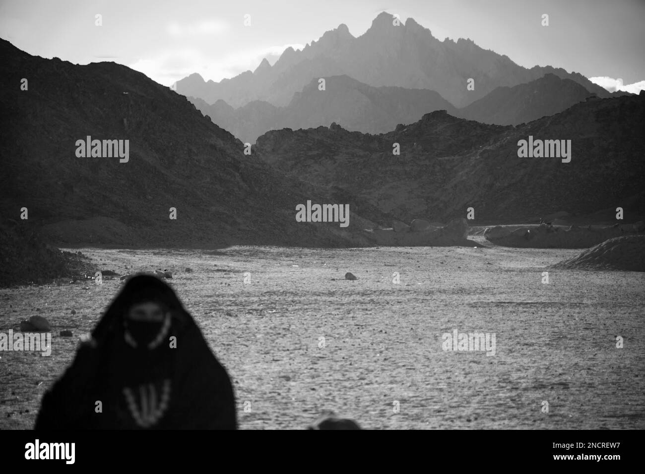 Berber Woman muslim de fokussiert in der östlichen (arabischen) Wüste, Ägypten in schwarzem Schleier. Stockfoto