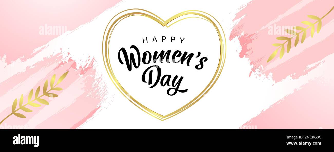„Happy Womens Day“-Banner mit goldenem Herzrahmen, Blättern und Aquarellflecken. Vektordarstellung für den Internationalen Frauentag Stock Vektor