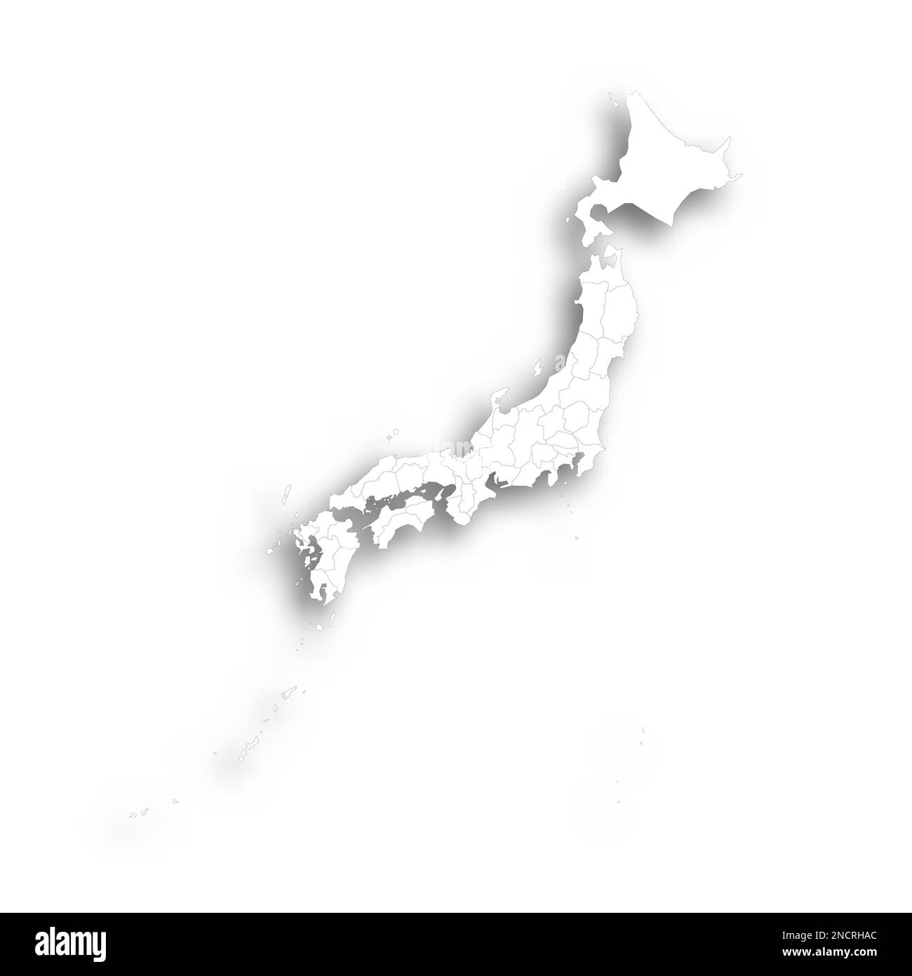 Politische Karte der Verwaltungseinheiten Japans - Präfekturen, Metropilis Tokio, Territorium Hokaido und städtische Präfekturen Kyoto und Osaka. Flache weiße, leere Karte mit dünnem schwarzen Umriss und Schlagschatten. Stock Vektor