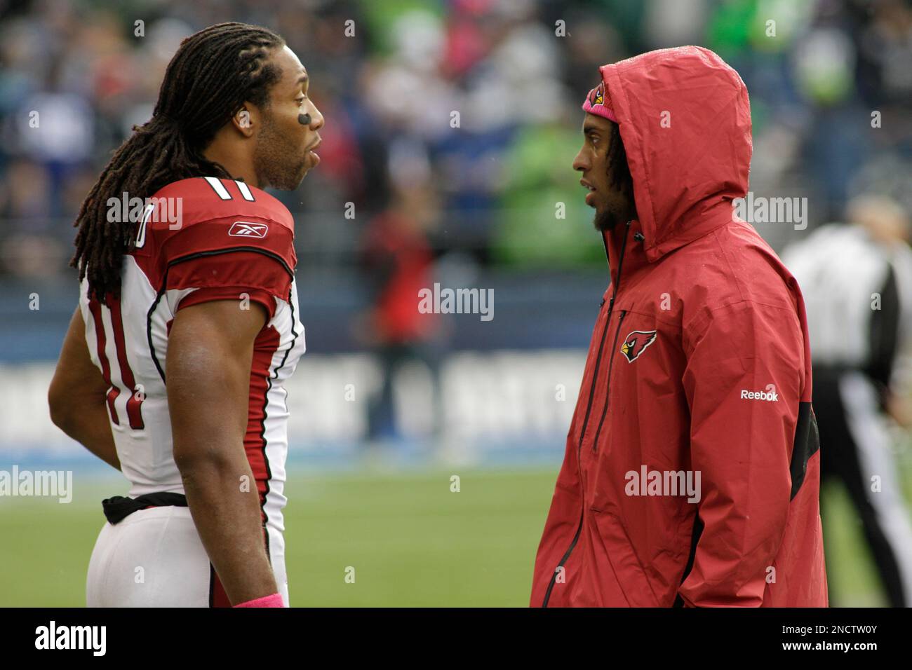 Arizona Cardinals' Larry Fitzgerald, left, talks to injured wide reciever Steve Breaston, right, on the sideline during the first half of an NFL football game against the Seattle Seahawks, Sunday, Oct. 24, 2010, in Seattle. The Seahawks beat the Cardinals, 22-10. (AP Photo/Ted S. Warren) Stockfoto