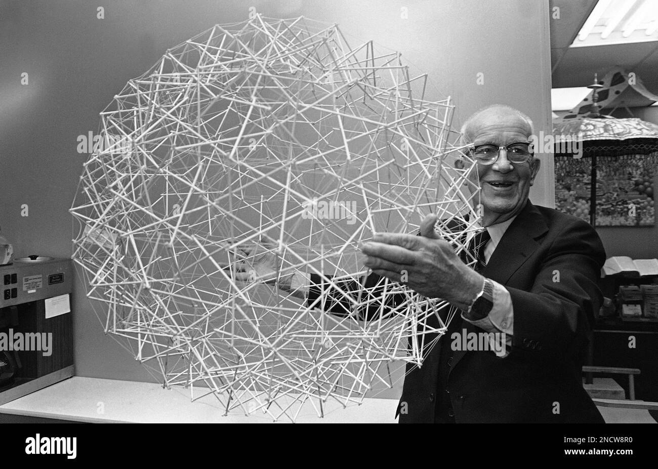 In a Philadelphia office, R. Buckminster Fuller holds up a tensegrity ...