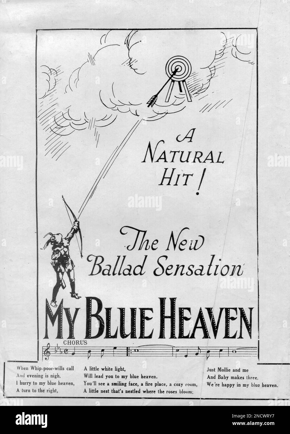 Ein Werbespot für das Notenblatt für "My Blue Heaven", ein beliebter Song von Walter Donaldson, mit Texten von George A. Whiting. Es wurde in den Ziegfeld-Follies von 1927 verwendet. Im Jahr 1928 wurde es durch den Crooner Gene Austin berühmt Stockfoto