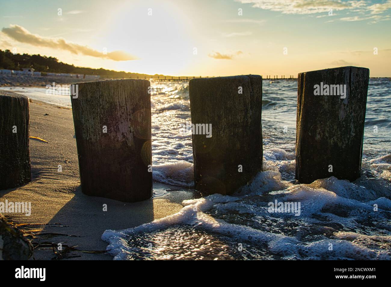 Die Groynes ragten bei Sonnenuntergang ins Meer. Strand mit Steinen im Vordergrund. Die Sonnenstrahlen scheinen durch die Groynen. Aufgenommen in zingst Stockfoto