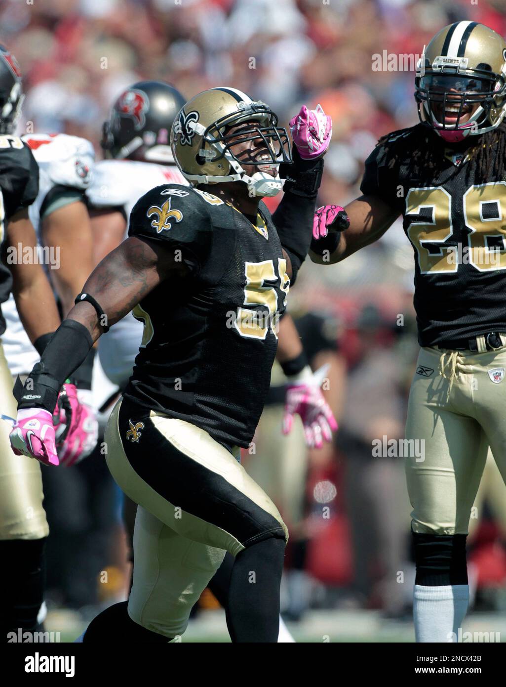 New Orleans Saints linebacker Danny Clark celebrates in front of teammate Usama Young (28) during an NFL football game Sunday, Oct. 17, 2010, in Tampa, Fla. (AP Photo/Dave Martin) Stockfoto