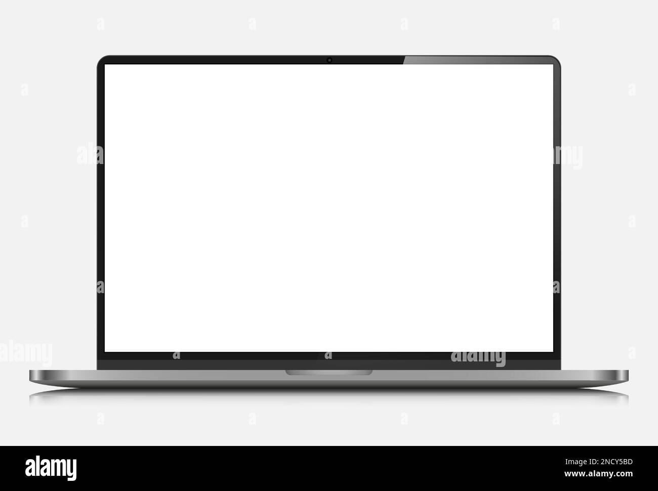 Realistisches Notebook-Layout mit weißem Bildschirm und Reflexion. Ein modernes Notebook mit einem leeren Bildschirm auf weißem Hintergrund. Stock Vektor