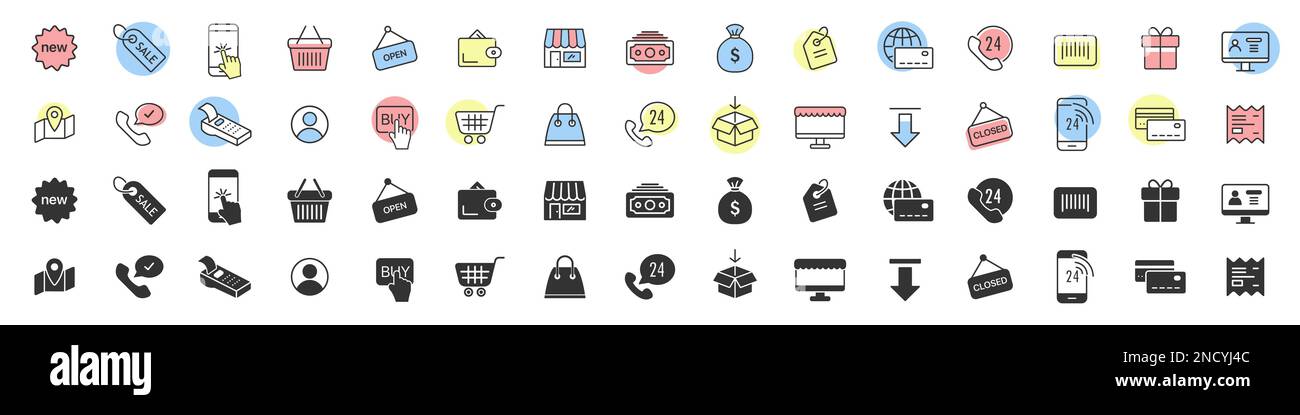 Symbolsammlung für E-Commerce und Online-Shopping in zwei verschiedenen Stilen Stock Vektor