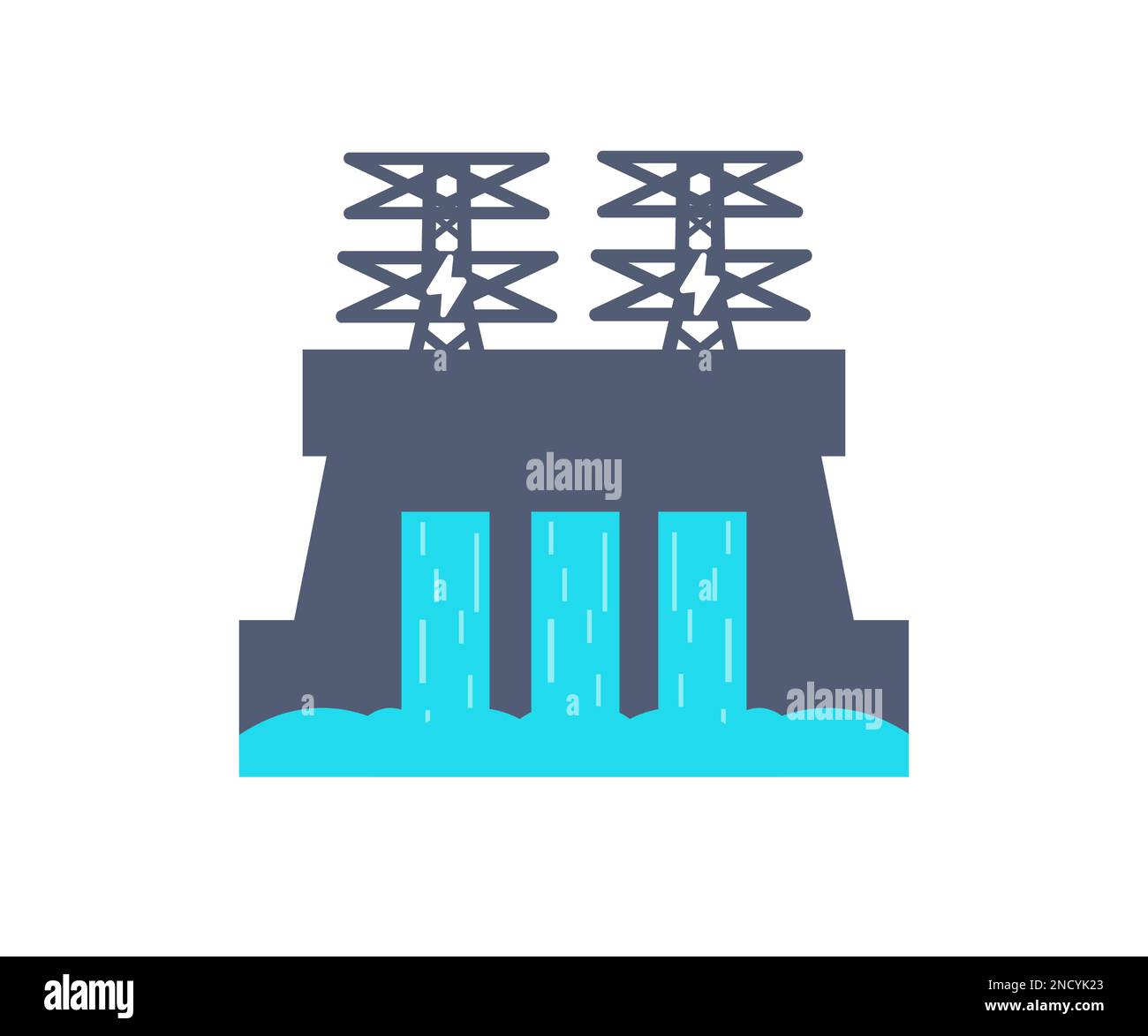 Wasserdamm, Wasserentladung durch Schlösser Logo-Design. Kraftwerk, Stromleitungen, Energievektordesign und Illustration Stock Vektor