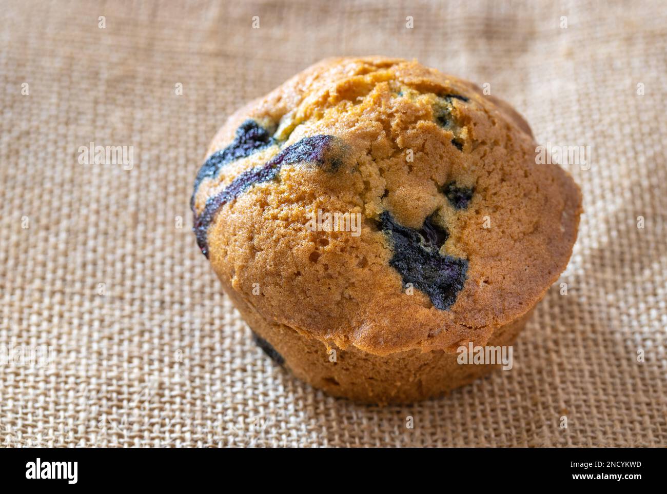 Blaubeer-Muffin auf hessischer Textur Nahaufnahme mit Kopierbereich – selektiver Fokus Stockfoto