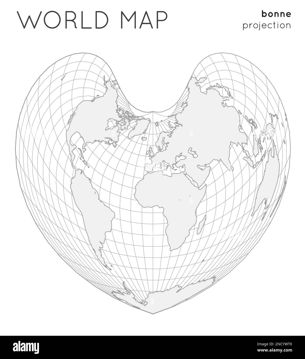 Weltkarte. Globus in Bonne-Projektion, mit Gitterlinien-Stil. Vektorgrafik umreißen. Stock Vektor