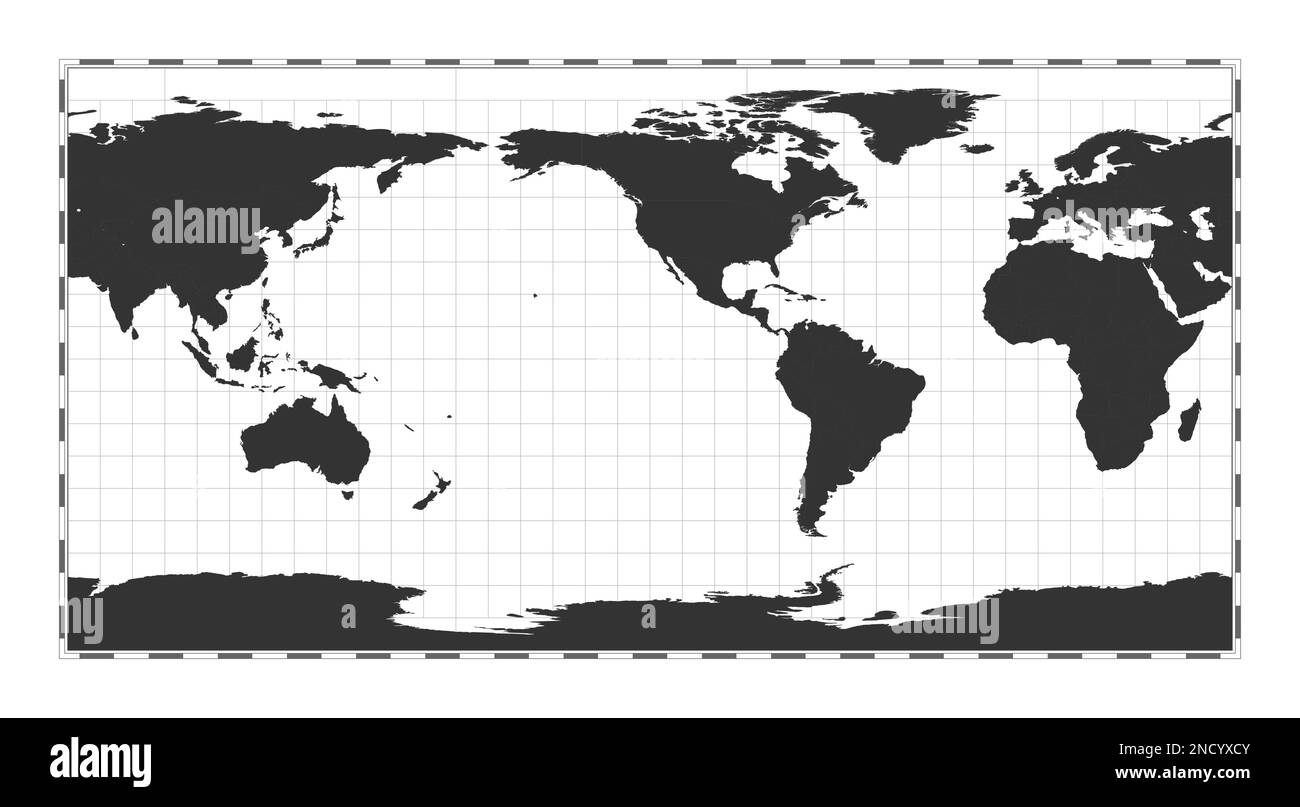 Vector-Weltkarte. Rechteckige (Platte Carree) Projektion. Geografische Karte mit Breiten- und Längengraden. Zentriert auf 120deg E Länge Stock Vektor