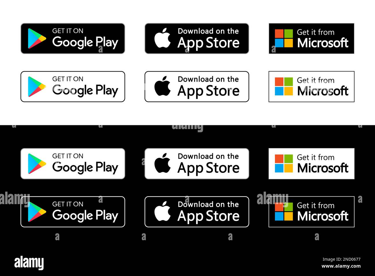 Abzeichen für Google Play Store, Apple App Store und Microsoft Store Stock Vektor