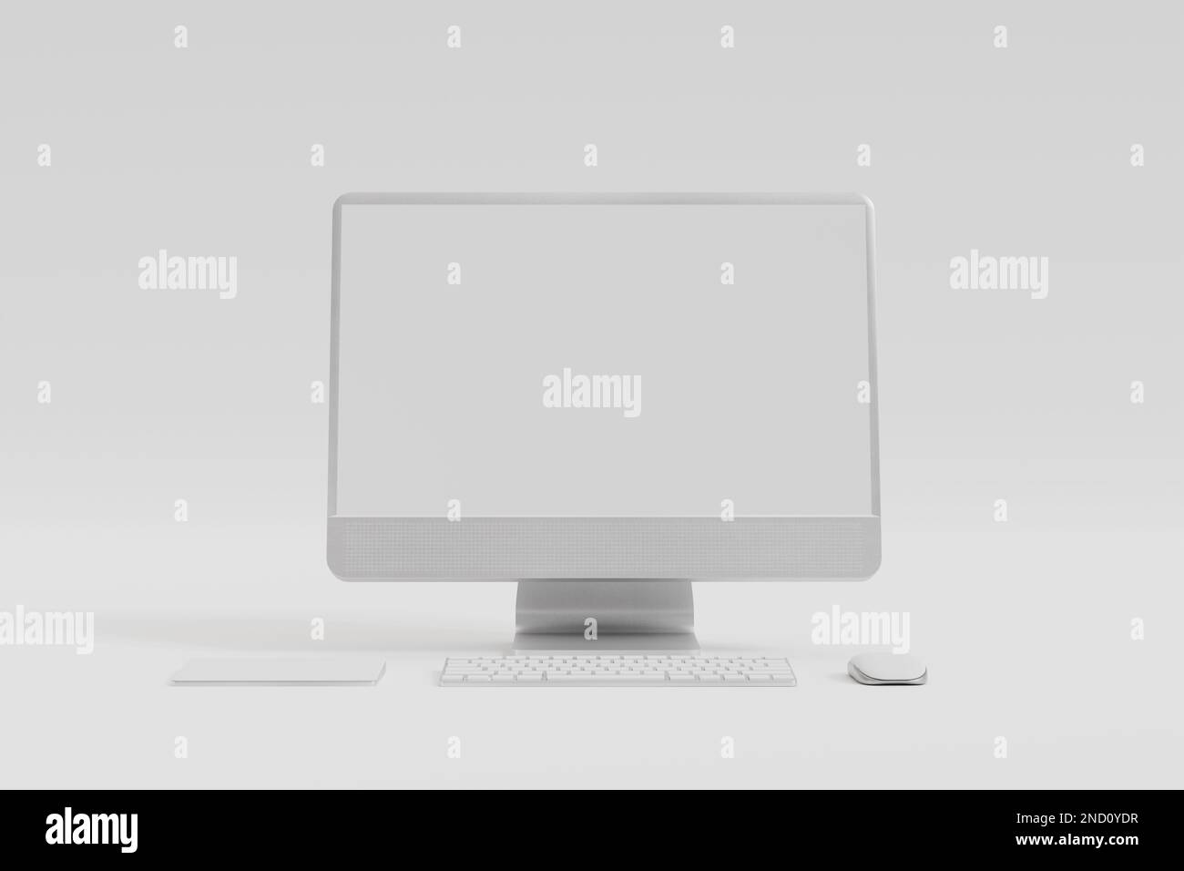 3D Computermonitor, drahtlose Maus, Tastaturschwankungen auf weißem Hintergrund. Social-Media-Marketing online, E-Commerce, Website Digital Store, Shop App CO Stockfoto