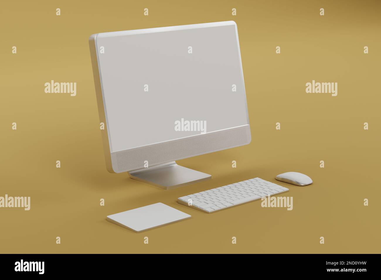 3D Computermonitor, drahtlose Maus, Tastaturschwankungen auf gelbem Hintergrund. Social-Media-Marketing online, E-Commerce, Website Digital Store, Shop App c Stockfoto