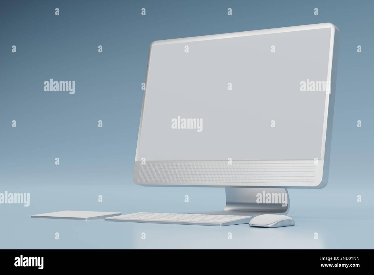 3D Computermonitor, drahtlose Maus, Tastaturschwankungen auf blauem Hintergrund. Social-Media-Marketing online, E-Commerce, Website Digital Store, Shop App con Stockfoto