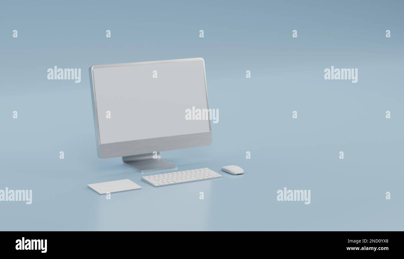 3D Computermonitor, drahtlose Maus, Tastaturschwankungen auf blauem Hintergrund. Social-Media-Marketing online, E-Commerce, Website Digital Store, Shop App con Stockfoto