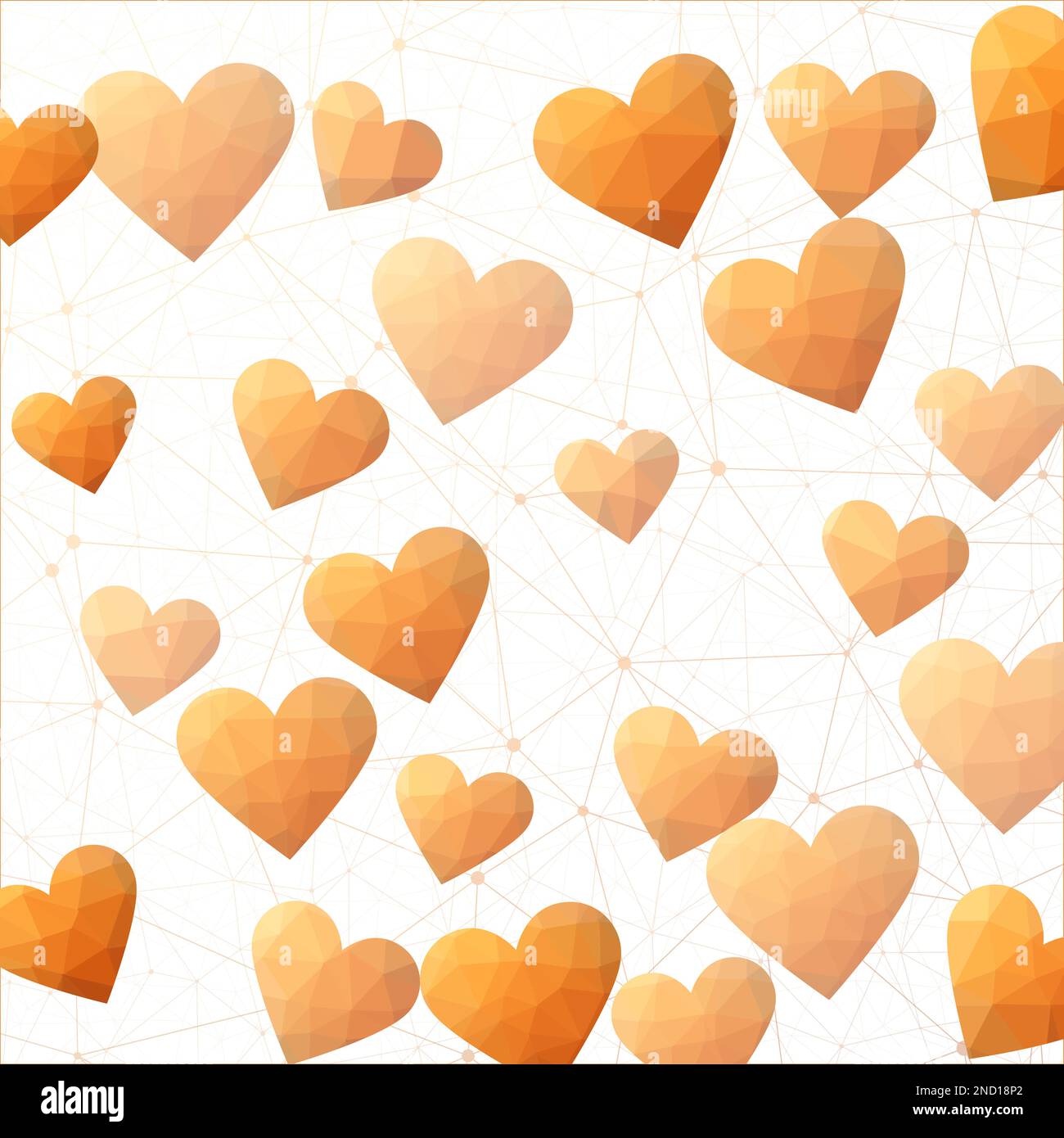 Konfetti mit niedrigem Polyherzen. Polygonale Herzen in gelben, orangen und braunen Farben. Künstlerisches digitales Design. Hervorragende Vektorillustration. Stock Vektor