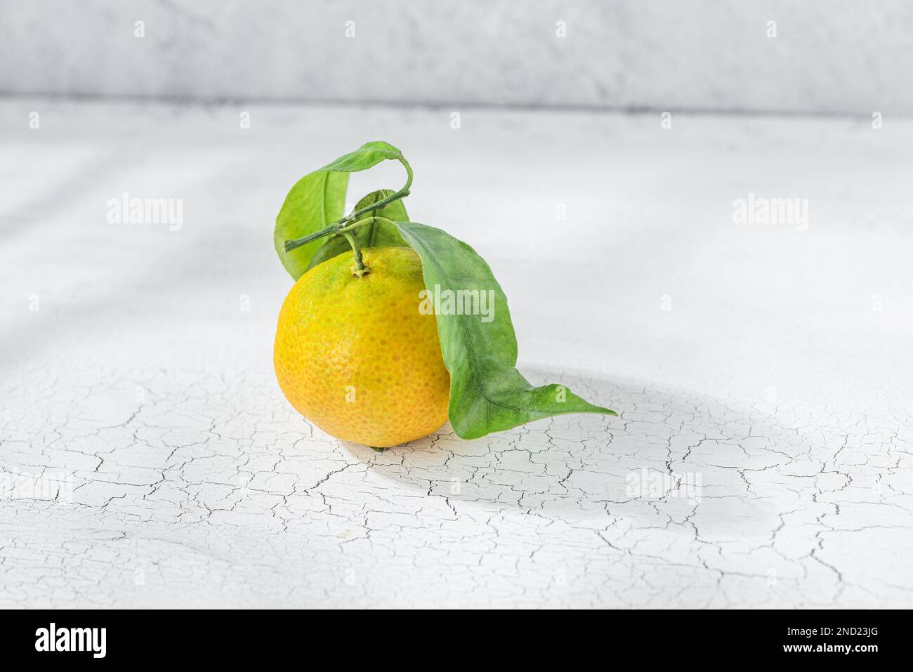 Orange Zitrustangerine mit grünem Stiel und Blättern auf einem weißen Tisch Stockfoto
