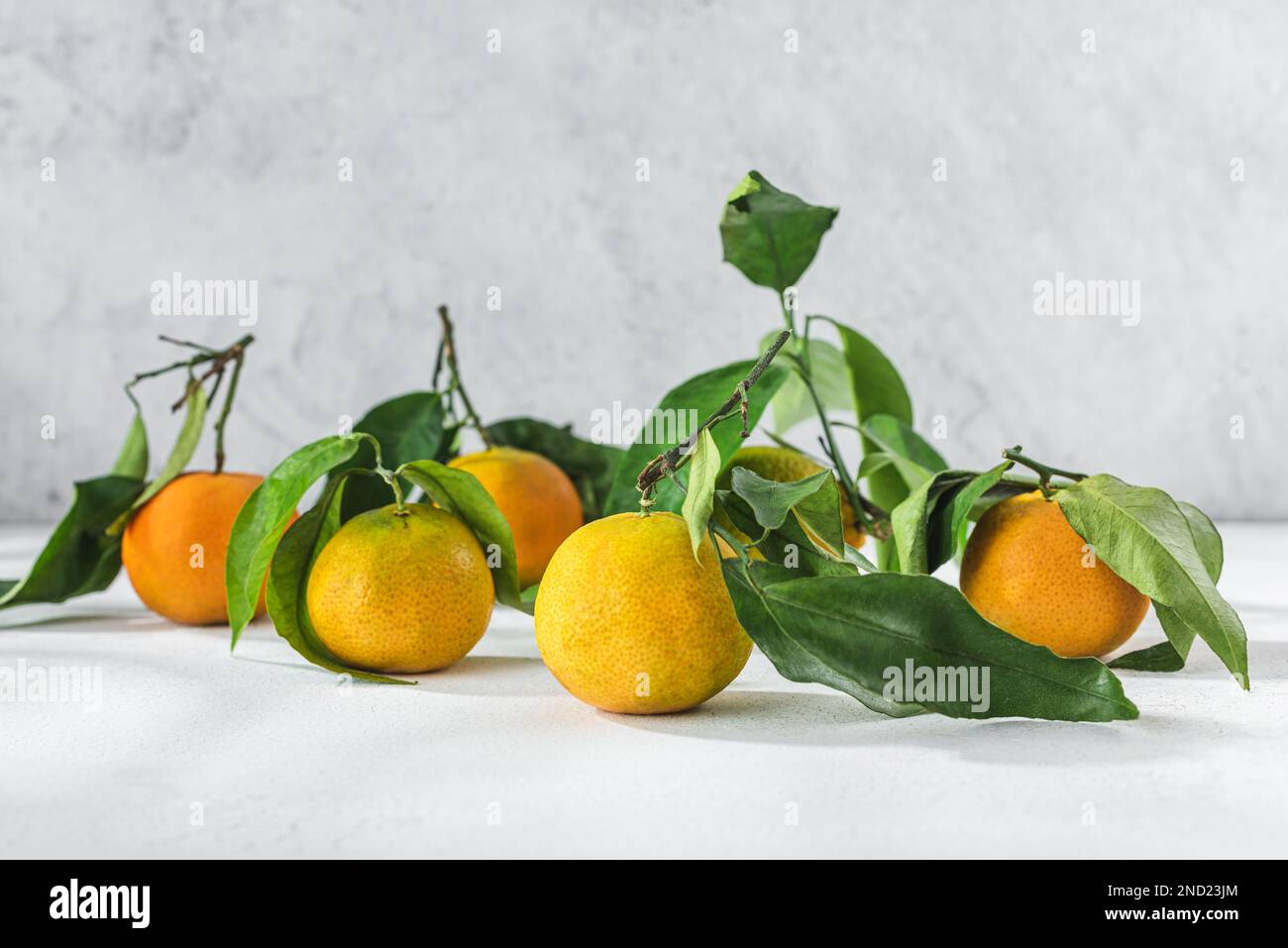Orange Zitrusfrüchte Tangerinen mit grünem Stiel und Blättern auf einem weißen Tisch Stockfoto