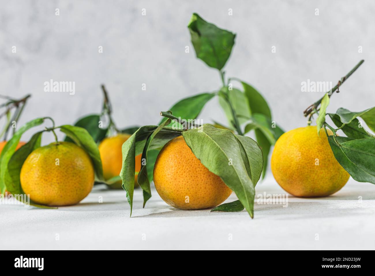 Orange Zitrusfrüchte Tangerinen mit grünem Stiel und Blättern auf einem weißen Tisch Stockfoto