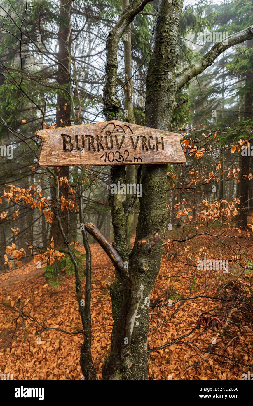 Burkuv vrch Berggipfel im Herbst Moravskoslezske Beskydy an der tschechisch-slowakischen Grenze Stockfoto