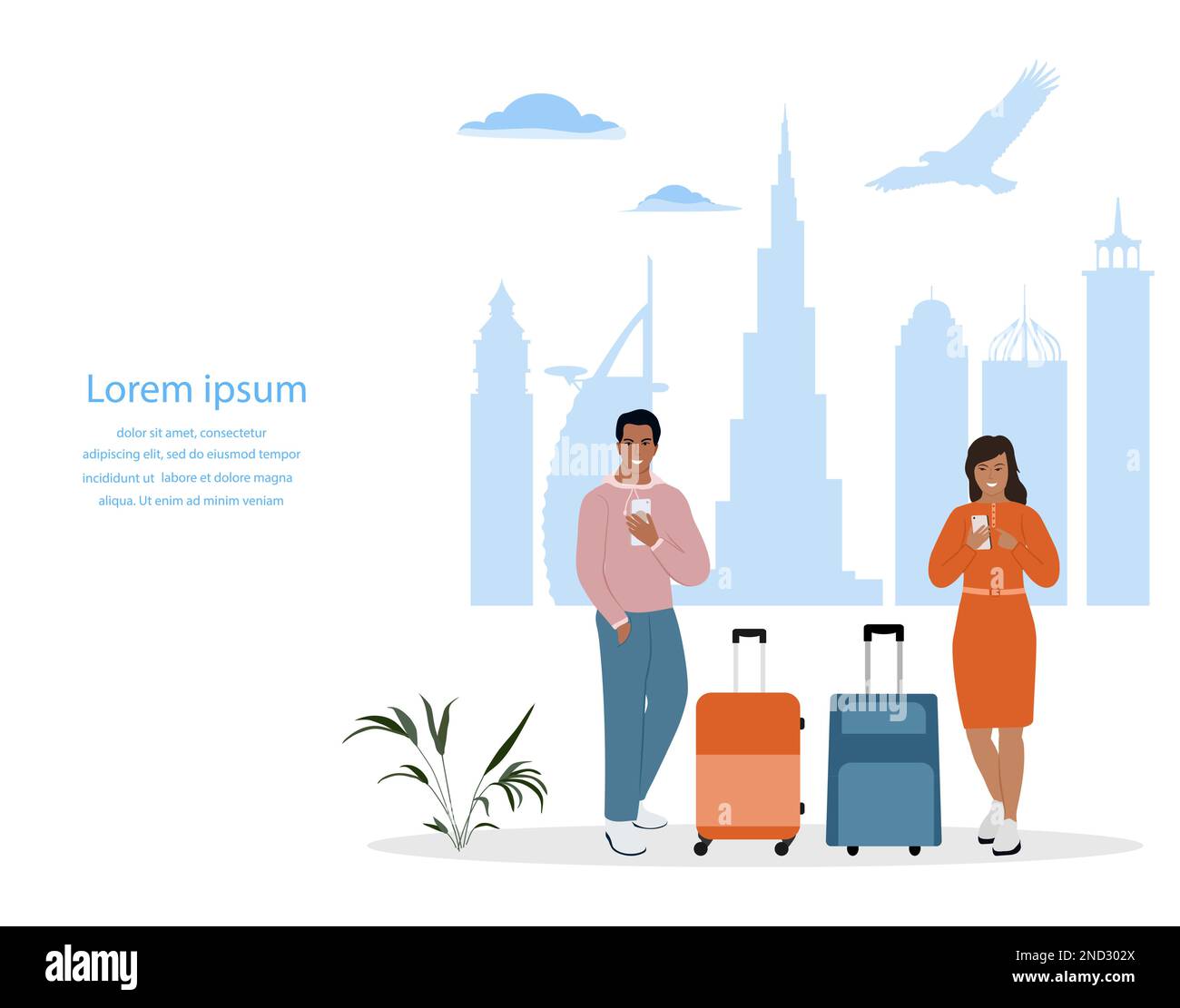 Vektor-Illustration Mann, Frau mit Koffern verwenden Handys. Touristen. Menschen machen Fotos, Selfies. Wolkenkratzer der Vereinigten Arabischen Emirate. Sommerurlaub. Stock Vektor