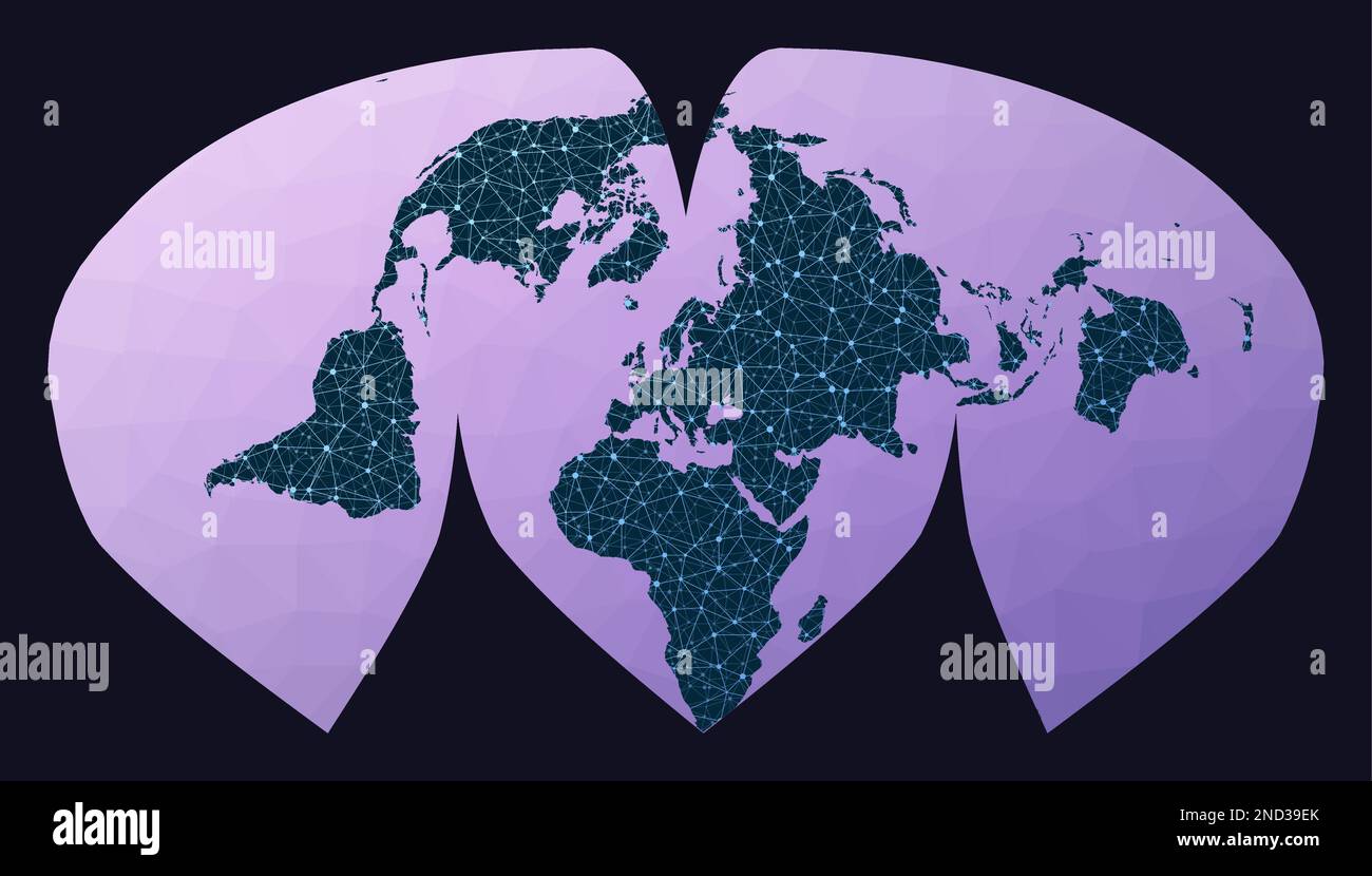 Abstrakte Karte des weltweiten Netzwerks. Alan K. Philbricks unterbrochene Sinu-Mollweide-Projektion. Weltnetzwerkkarte. Verkabelter Globus in unterbrochenem Sinu Mollweide Stock Vektor