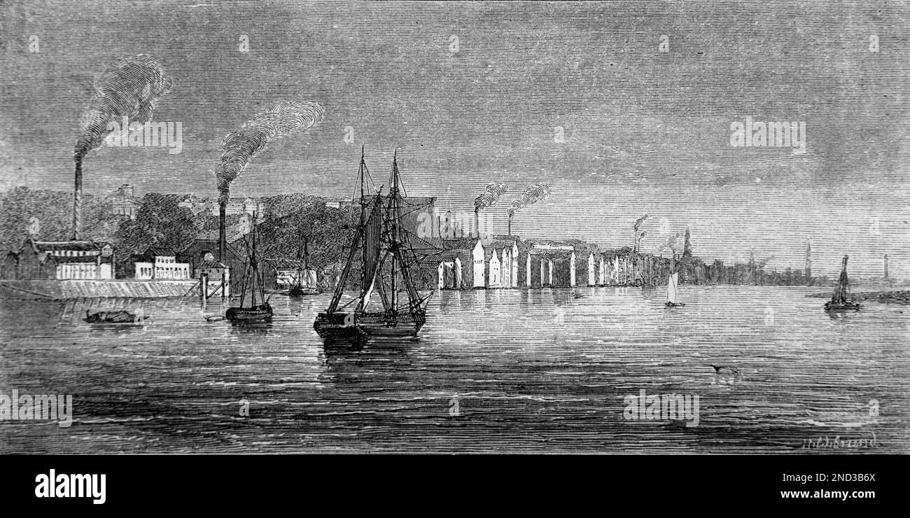 Blick auf den Hafen von Altona oder Hamburg-Altona, Hamburg und die Elbe Deutschland. Vintage-Gravur oder Abbildung 1862 Stockfoto