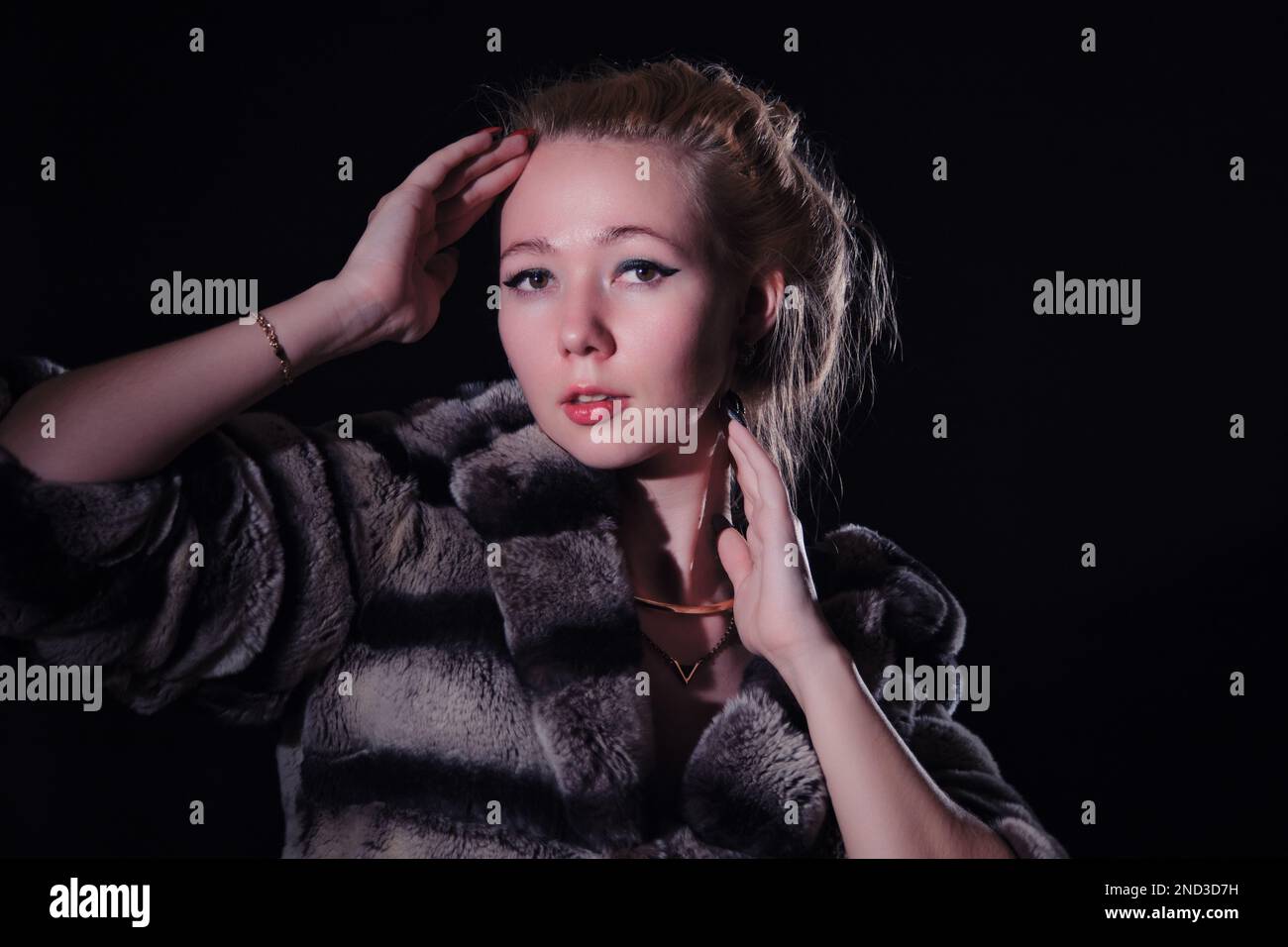 Luxus-Frau im Pelzmantel auf schwarzem Hintergrund Stockfoto