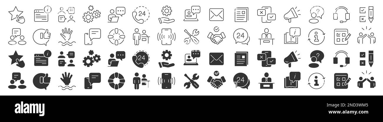 Kundenservice und Support-Line ausgezeichnete Icons-Sammlung in zwei verschiedenen Stilen. Symbolpaket mit dünnen Umrissen. Vektordarstellung EPS10 Stock Vektor