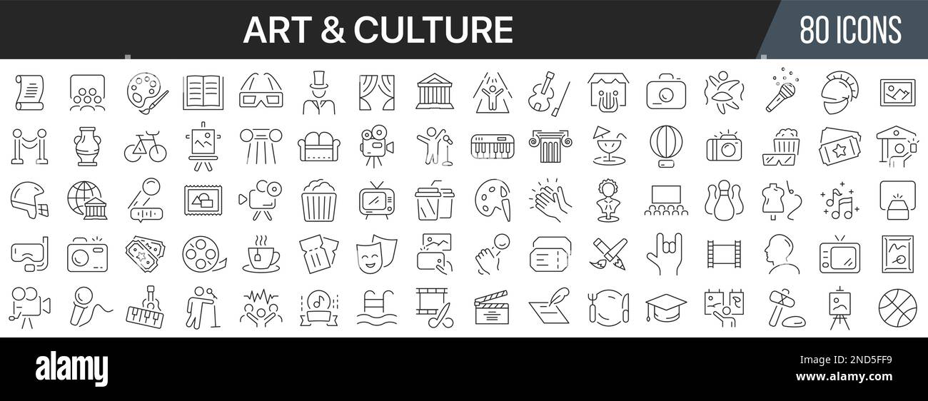 Sammlung von Kunst- und Kultursymbolen. Große UI-Symbolgruppe in flachem Design. Symbolpaket mit dünnen Umrissen. Vektordarstellung EPS10 Stock Vektor