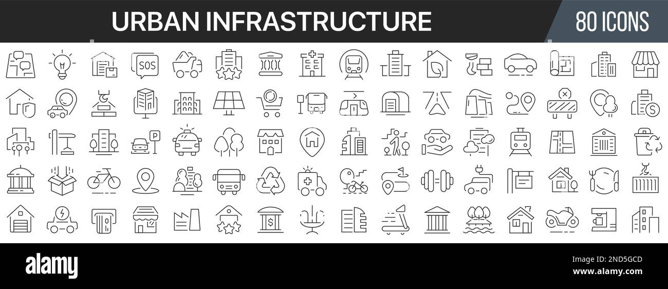 Symbolsammlung für städtische Infrastruktur. Große UI-Symbolgruppe in flachem Design. Symbolpaket mit dünnen Umrissen. Vektordarstellung EPS10 Stock Vektor
