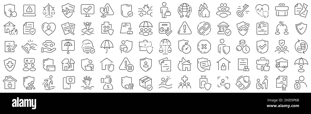 Gruppe von Symbolen für Versicherungspositionen. Sammlung schwarzer linearer Symbole Stock Vektor