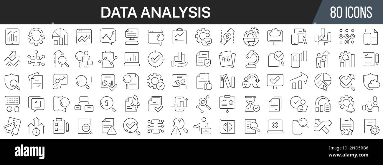 Sammlung der Liniensymbole für die Datenanalyse. Große UI-Symbolgruppe in flachem Design. Symbolpaket mit dünnen Umrissen. Vektordarstellung EPS10 Stock Vektor