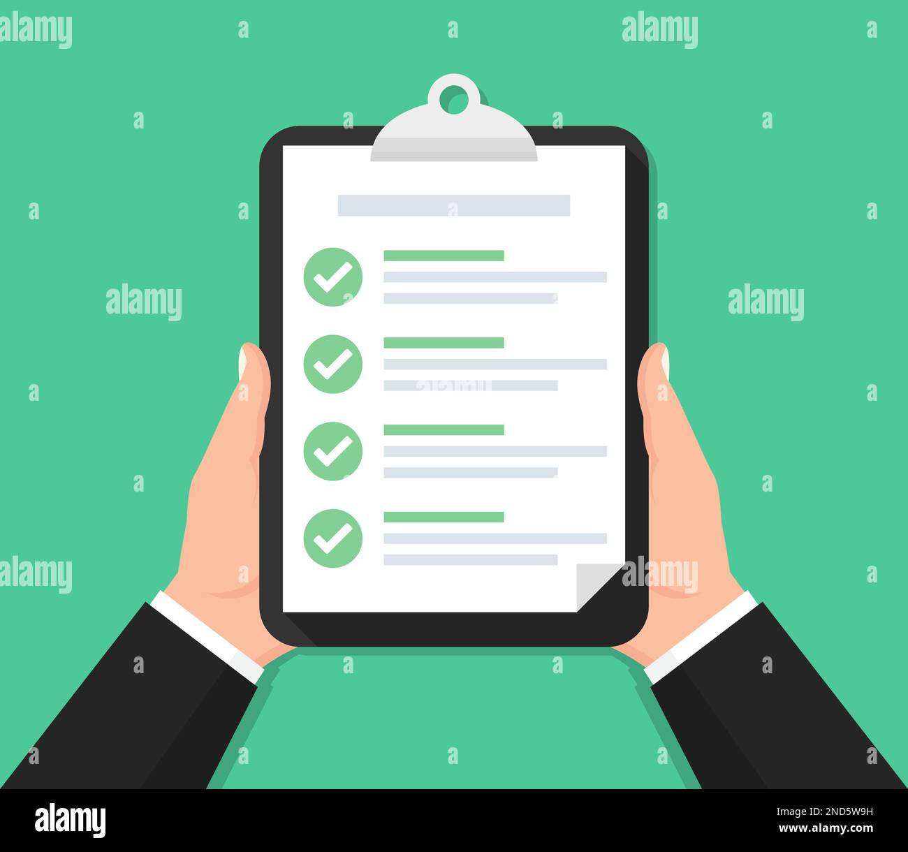 Handgehaltenes Klemmbrett mit Checkliste in flachem Design. Vektordarstellung Stock Vektor