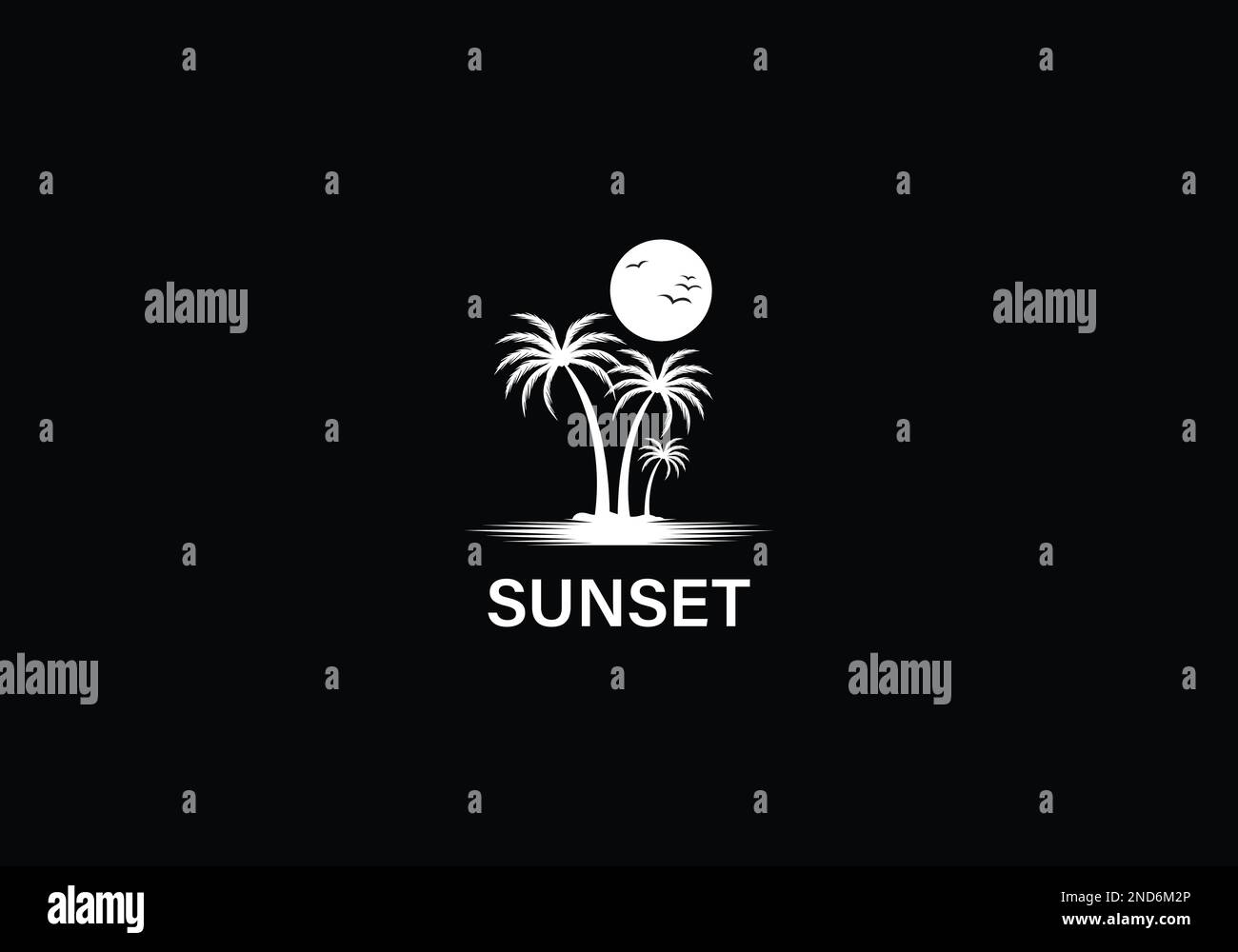 Design-Vorlage für das Vektorlogo bei Sonnenuntergang. Designvorlage für Palm Tree Sun and Water Logo Stock Vektor