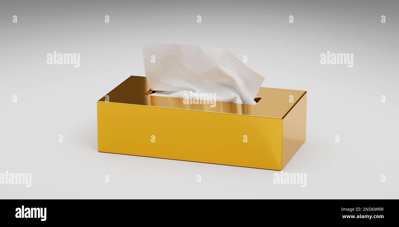 Eine 3D-Darstellung einer goldenen Box mit Papiertüchern auf weißem Hintergrund Stockfoto