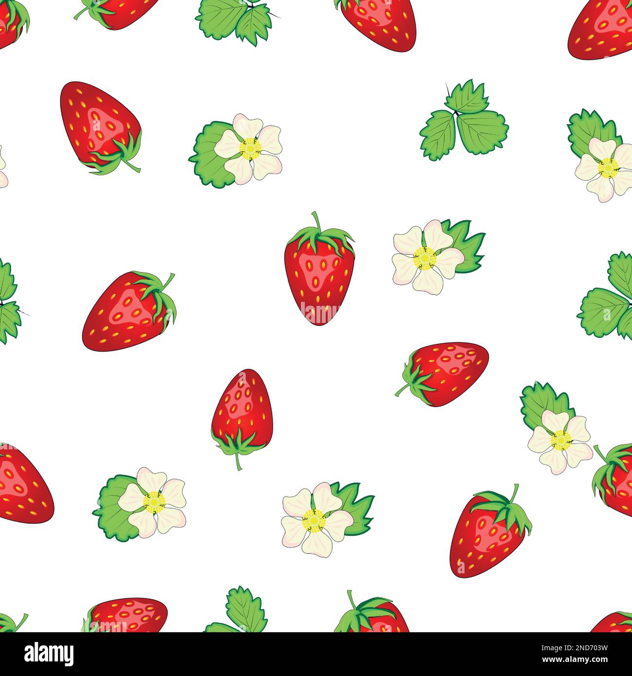 Nahtloses Muster mit Erdbeeren, Beeren und Blumen. Süßes Essen, wiederhole den Stoffhintergrund. Bio-Früchte. Stock Vektor