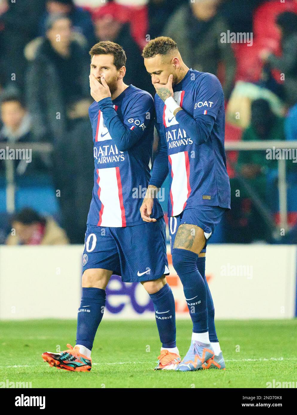NEYMAR Jr., PSG 10 Lionel Messi, PSG 30 im achten Finalspiel PARIS SG - FC BAYERN MUENCHEN 0-1 der Football UEFA Champions League, Spiel in Staffel 2022/2023 in Paris, 14. Februar 2022. Achtelfinale, FCB, München, PSG © Peter Schatz / Alamy Live News Stockfoto