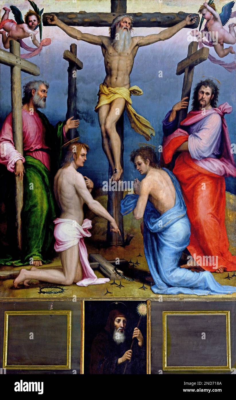 Kreuzigung von Sant'Acazio und seinen Begleitern von Giovanni Antonio Sogliani (1492-1544) 15. -16. century, Casa Buonarroti Gedächtnisgenie Michelangelo, Kunstmuseum, Italien, (Acacius oder Agazius ( Kappadokien , III. Jahrhundert - Byzantium, 8. Mai 303 ) War ein römisches Militär und ein heiliger, von der katholischen Kirche als heiliger verehrt. Stockfoto