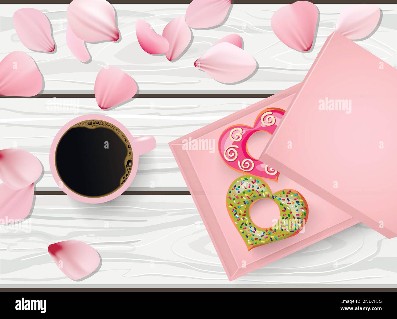 Vector Flat legte Stillleben einer rosa Tasse schwarzen Kaffees und einer Schachtel herzförmiger Donuts auf den weißen Holztisch mit rosa Blütenblättern Stock Vektor