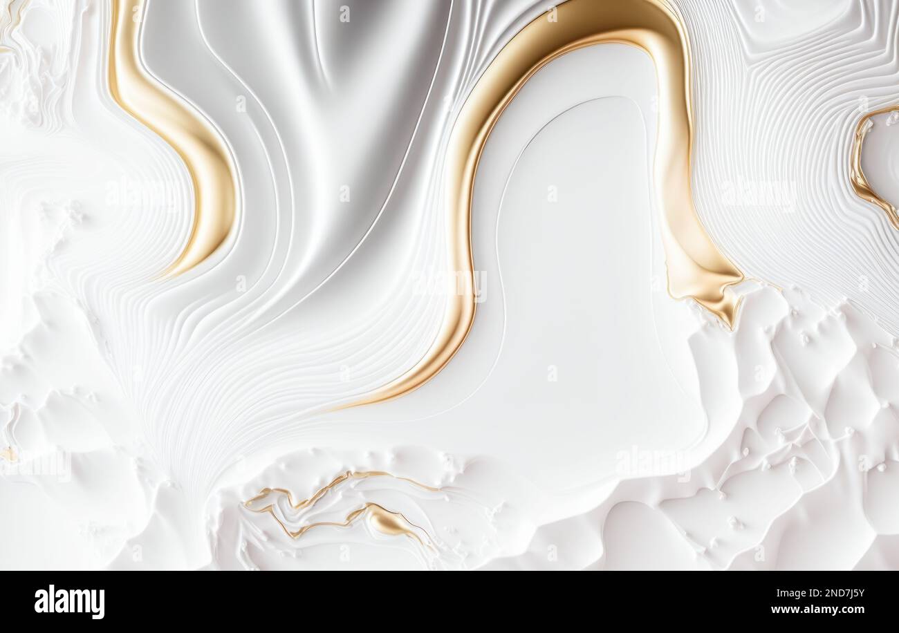 Luxuriöses weißes Gold abstrakte Kunst, Harz Alkohol Tinte abstrakter Hintergrund, handbemalte flüssige Tinte Gold Spritzer Effekt Stockfoto