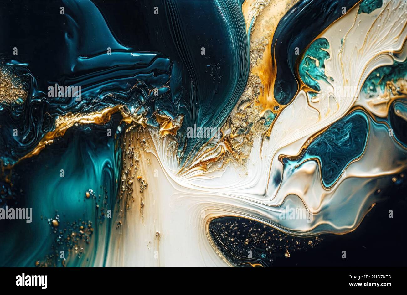 Luxuriöses Harz abstrakte Kunst, Alkohol Tinte abstraktes blaues Gold Hintergrund, handbemalte flüssige Tinte Gold Spritzer Effekt Stockfoto
