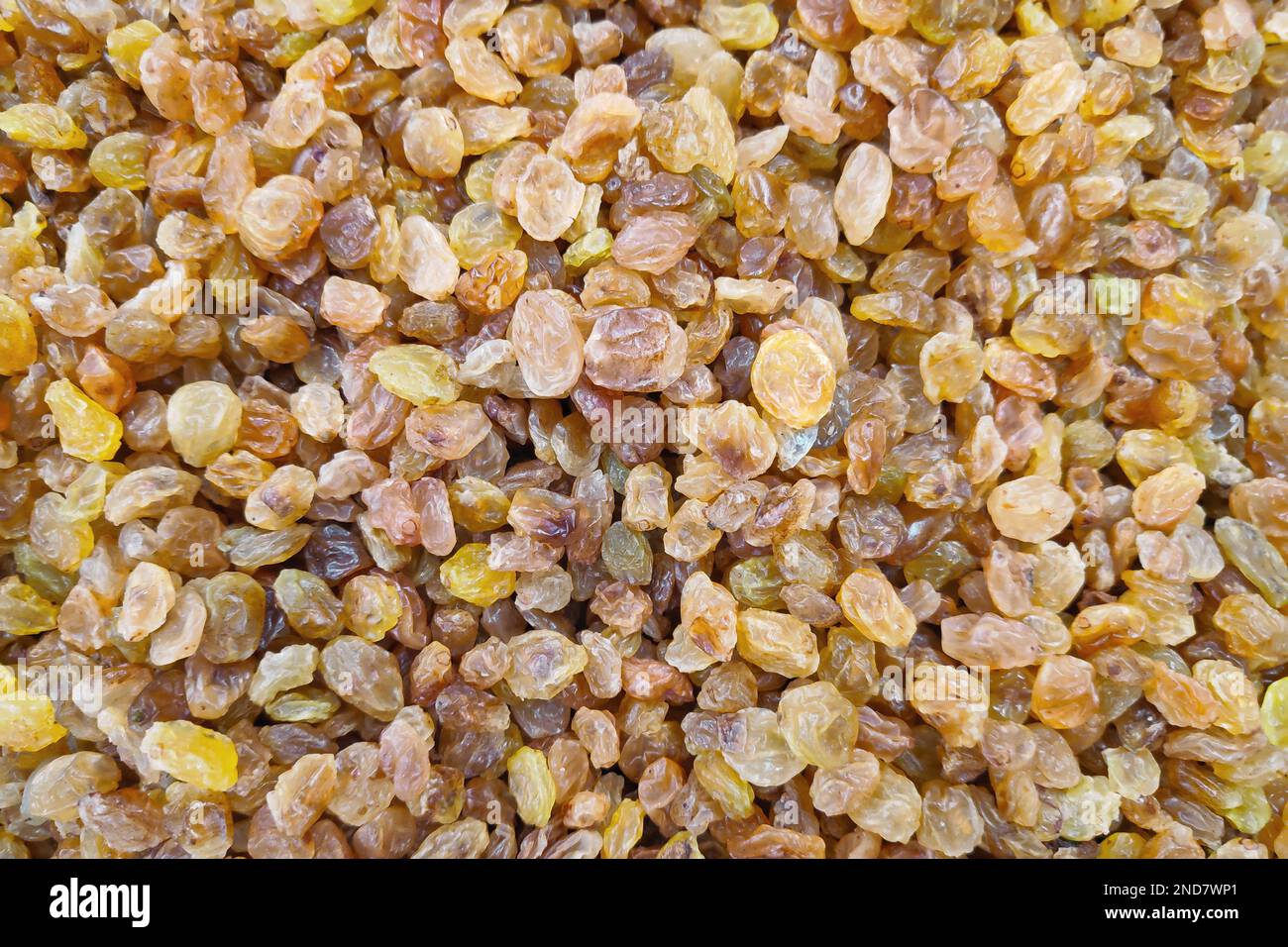 Nahaufnahme eines Stapels organisch getrockneter goldener Rosinen zum Verkauf an einem Marktstand. Stockfoto