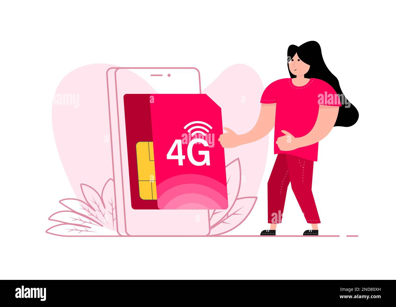 Eine Frau steht in der Nähe des Smartphones, auf dem Bildschirm 4G SIM-Karte. Mobile Telekommunikationstechnologie. Stock Vektor
