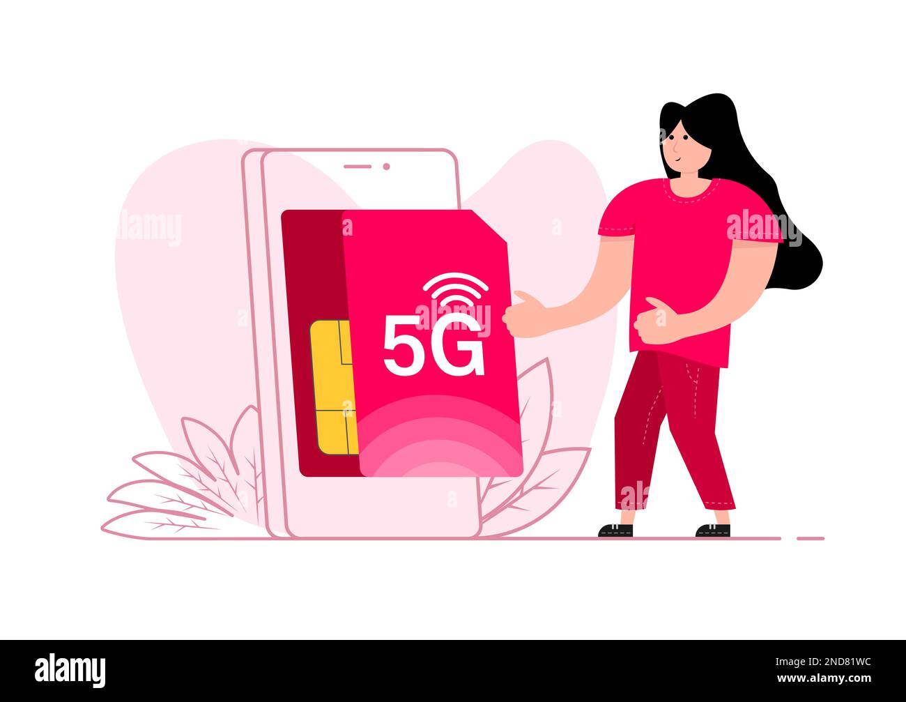 Eine Frau steht in der Nähe des Smartphones, auf dem Bildschirm 5G SIM-Karte. Mobile Telekommunikationstechnologie. Stock Vektor