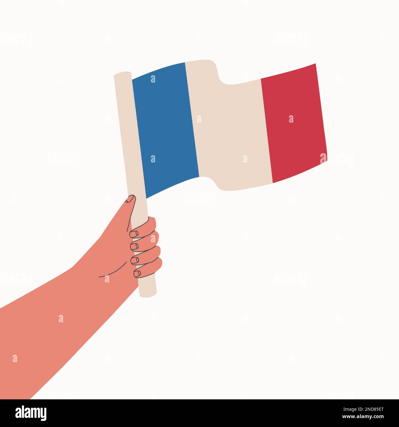 Französische Flagge. Die Hand hält die Nationalflagge des Landes. Vektor-Cartoon-Illustration. Stock Vektor