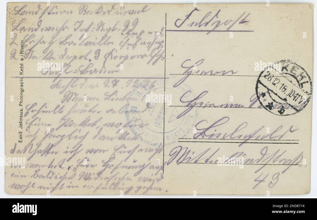 Itterbeck, Deutschland - Februar 8 2022 eine alte deutsche Postkarte vom Dezember 1916. Es gibt keinen Stempel, aber Porto ist auf Deutsch fällig (Entgelt) Stockfoto