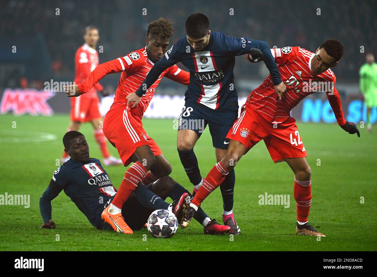 14. Februar 2023, Paris, Ile-de-France (Region, Frankreich: Nuno Mendes während der Champions League 2023. Runde des 16-Spiels zwischen PSG und Bayern München im Parc des Princes in Paris am 14. Februar 2023 (Kreditbild: © Julien Mattia/Le Pictorium Agency via ZUMA Press) NUR REDAKTIONELLE VERWENDUNG! Nicht für den kommerziellen GEBRAUCH! Stockfoto