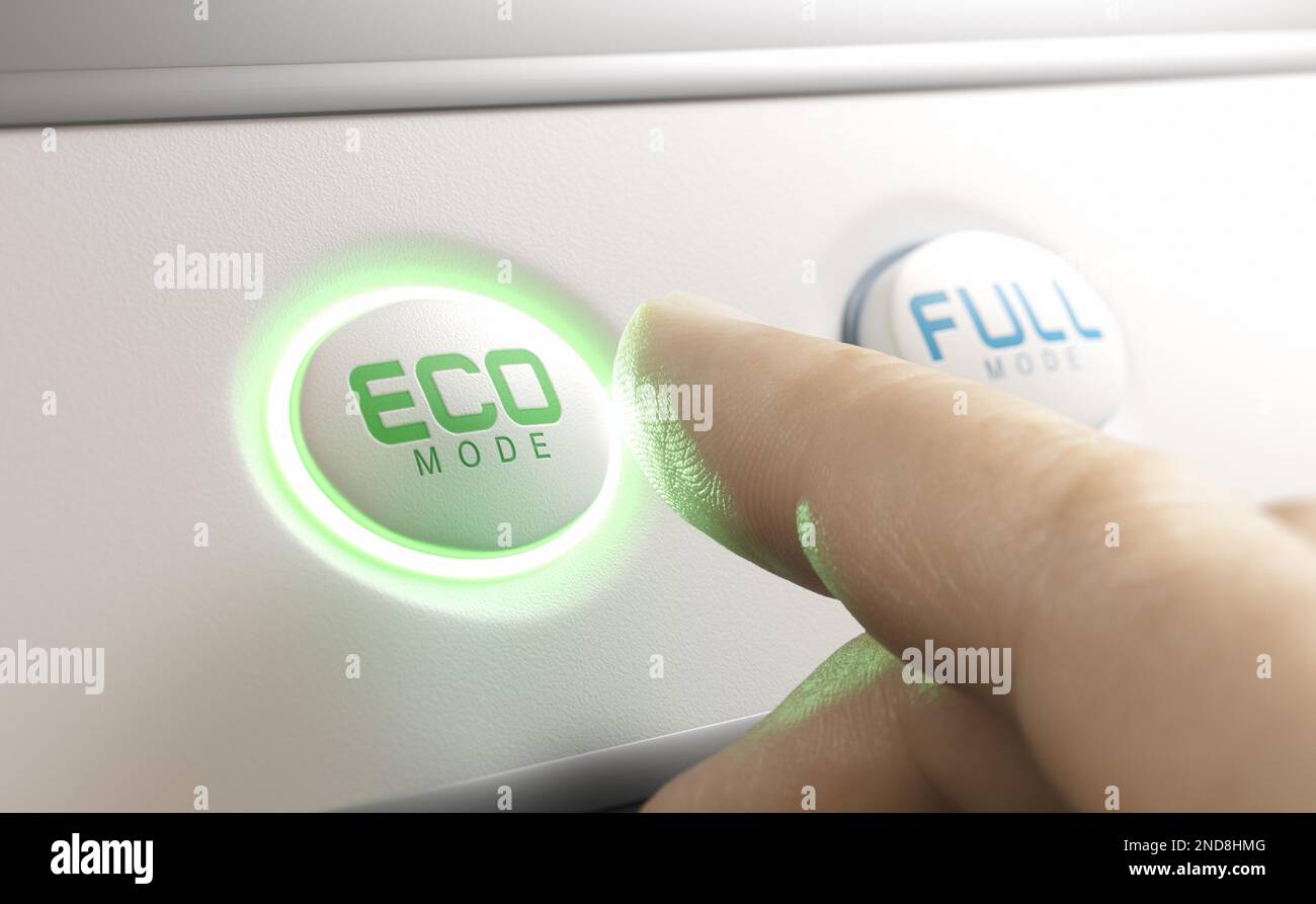 Drücken Sie mit dem Finger auf die Taste ECO Mode. Konzept zur Energieeinsparung und -Reduzierung. Stockfoto